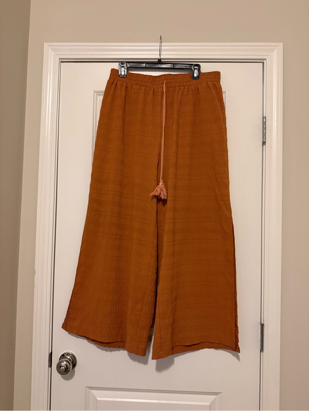 Pull-On Wide-Leg Trousers with Tassel Drawstring - Rust Orange